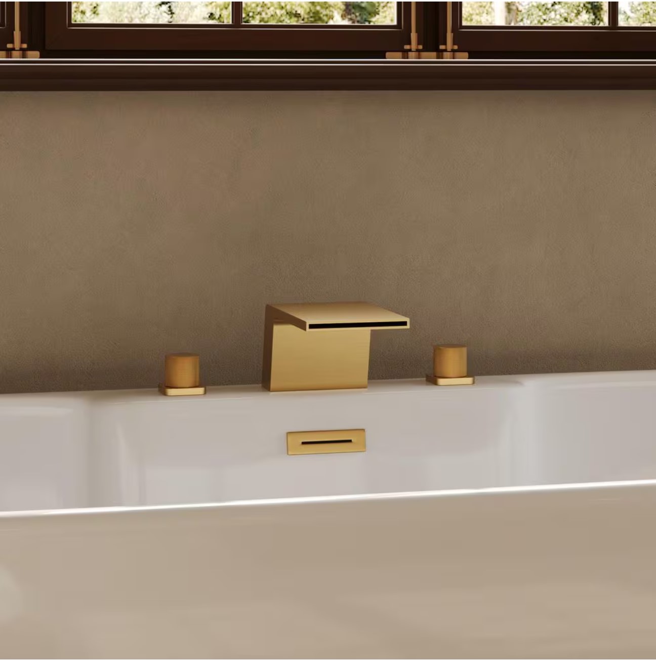 SerenityStream Widespread Double Handle Deck Mounted Roman Tub Faucet Waterfall Bathtub Faucet 5. 5 GPM in Brushed Gold